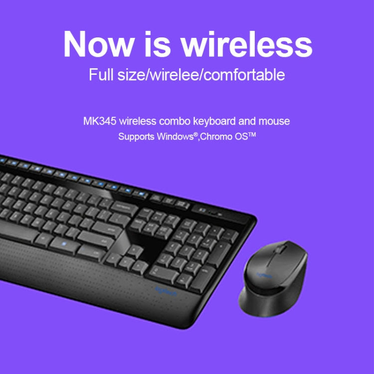 Logitech MK345 Wireless Full-size Keyboard + 2.4GHz 1000DPI Wireless Optical Mouse Set with Nano Receiver(Black) - free shipping - PMC Jewellery - Order now!