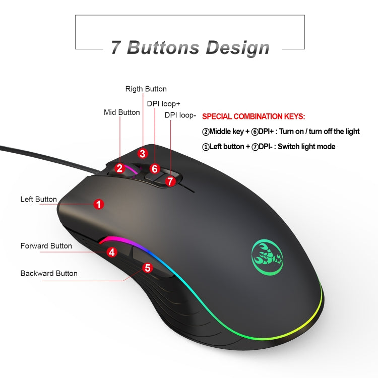 HXSJ A867 USB 6400DPI Four-speed Adjustable RGB Illuminate Wired E-sport Gaming Mouse, Length: 1.5m - Wired Mice by HXSJ | Online Shopping South Africa | PMC Jewellery | Buy Now Pay Later Mobicred