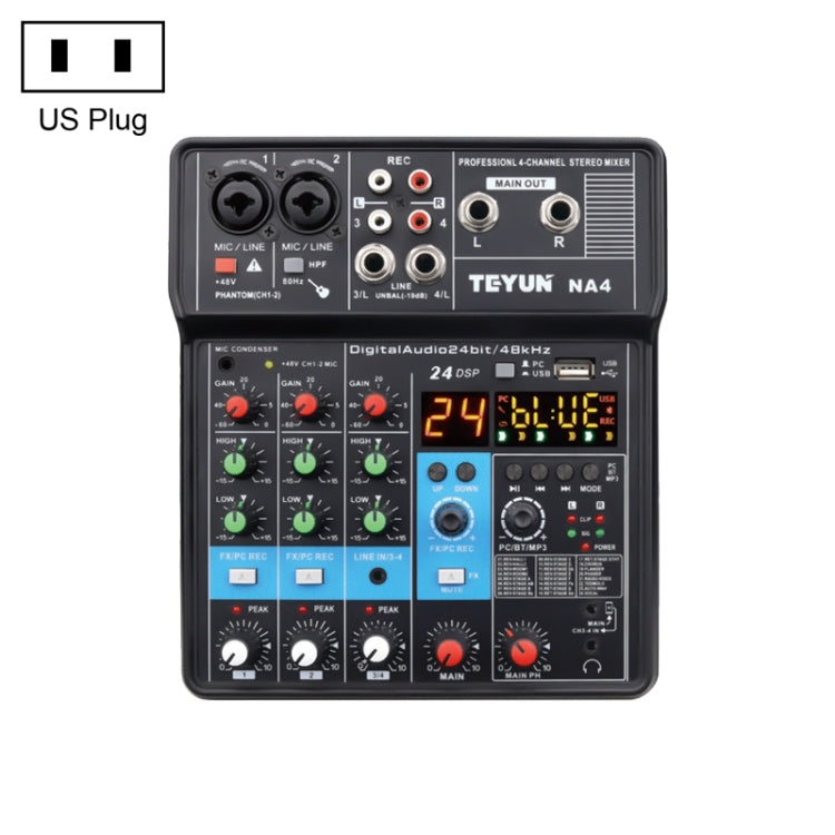 TEYUN NA4 4-channel Small Mixing Console Mobile Phone Sound Card Live Broadcast Computer Recording Console Processor, US Plug(Black) - Live Sound Effects Processors by TEYUN | Online Shopping South Africa | PMC Jewellery | Buy Now Pay Later Mobicred