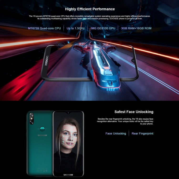 [HK Warehouse] DOOGEE Y8, 3GB+32GB, Dual Back Cameras, Face ID & DTouch Fingerprint,  6.1 inch Water-drop Screen Android 9.0 MTK6739 Quad Core up to 1.5GHz, Network: 4G,  OTA, Dual SIM(Midnight Black) - DOOGEE by DOOGEE | Online Shopping South Africa | PMC Jewellery | Buy Now Pay Later Mobicred