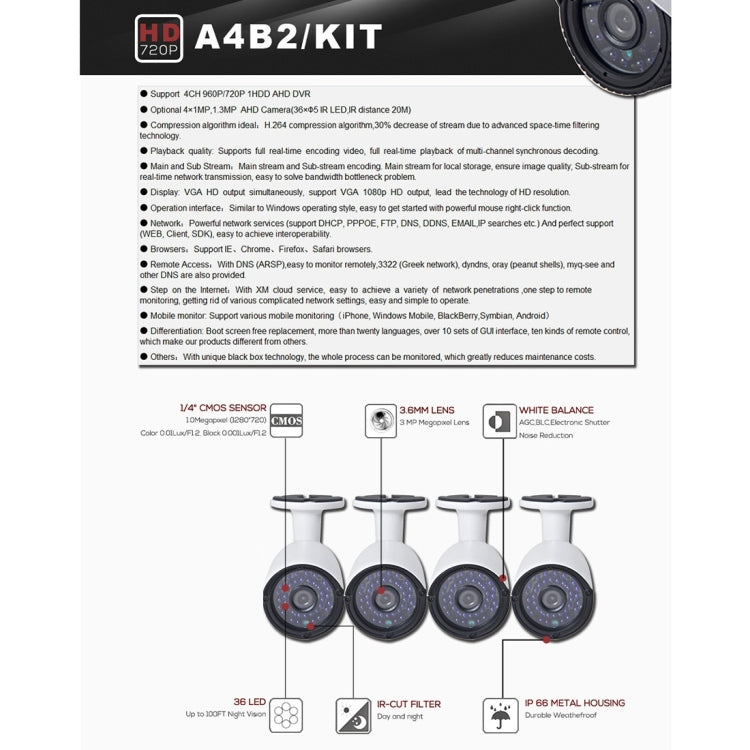 A4B2 4Ch Bullet IP Camera NVR Kit, Support Night Vision / Motion Detection, IR Distance: 20m - Video Recorder Kit by PMc TechLife | Online Shopping South Africa | PMc TechLife | Buy Now Pay Later Mobicred