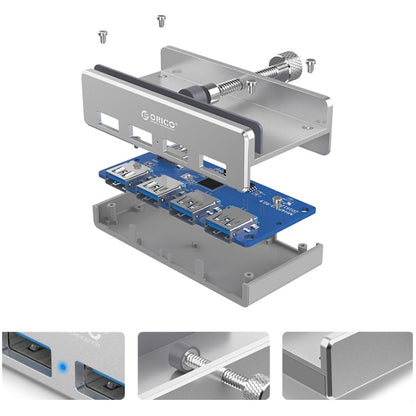 ORICO MH4PU Aluminum Alloy 4 Ports USB 3.0 Clip-type HUB with 1m USB Cable, Clip Width Range: 10-32mm - USB 3.0 HUB by ORICO | Online Shopping South Africa | PMC Jewellery | Buy Now Pay Later Mobicred