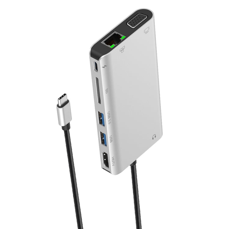 Onten 9591BD 8 in 1 USB-C / Type-C to PD USB-C / Type-C Charging + Gigabit Ethernet + Dual USB 3.0 + HDMI + VGA + SD Card Slot + 3.5mm AUX HUB(Silver) - USB HUB by Onten | Online Shopping South Africa | PMC Jewellery | Buy Now Pay Later Mobicred