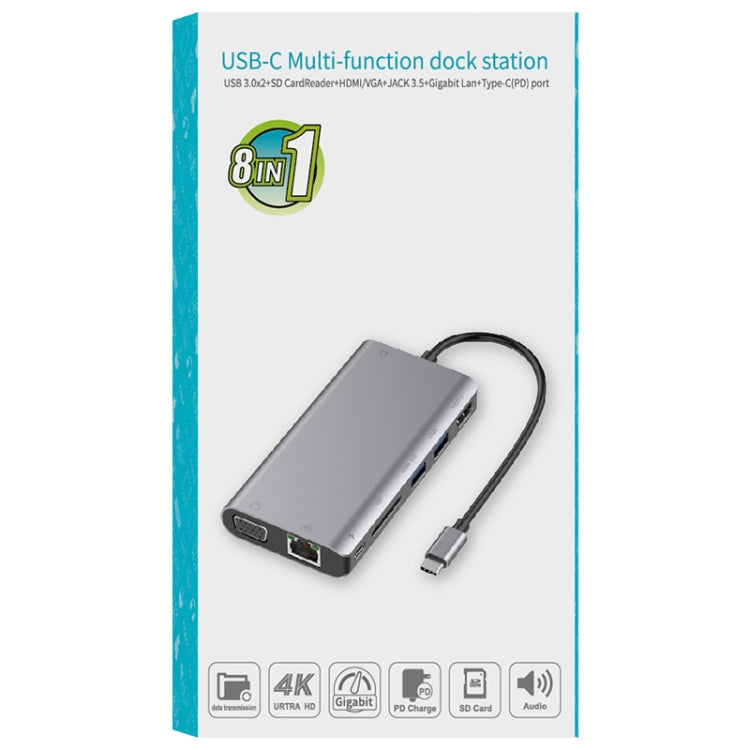 Onten 9591BD 8 in 1 USB-C / Type-C to PD USB-C / Type-C Charging + Gigabit Ethernet + Dual USB 3.0 + HDMI + VGA + SD Card Slot + 3.5mm AUX HUB(Silver) - USB HUB by Onten | Online Shopping South Africa | PMC Jewellery | Buy Now Pay Later Mobicred