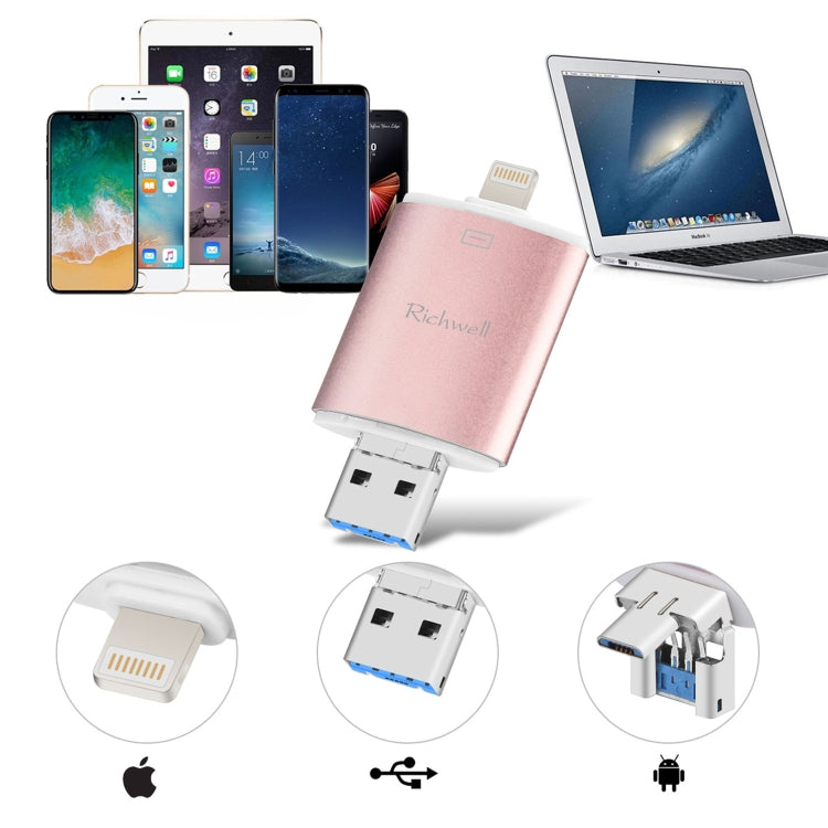 Richwell 3 in 1 128G Type-C + 8 Pin + USB 3.0 Metal Double Cover Push-pull Flash Disk with OTG Function(Silver) - U Disk & Card Reader by Richwell | Online Shopping South Africa | PMC Jewellery | Buy Now Pay Later Mobicred