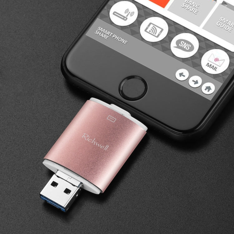 Richwell 3 in 1 16G Type-C + 8 Pin + USB 3.0 Metal Double Cover Push-pull Flash Disk with OTG Function(Black) - free shipping - PMC Jewellery - Order now!