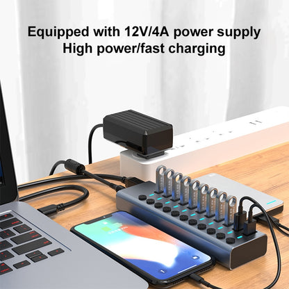 11 in 1 USB 3.0 HUB Splitter with Independent Switch & 12V 4A Power Supply - USB 3.0 HUB by PMC Jewellery | Online Shopping South Africa | PMC Jewellery | Buy Now Pay Later Mobicred