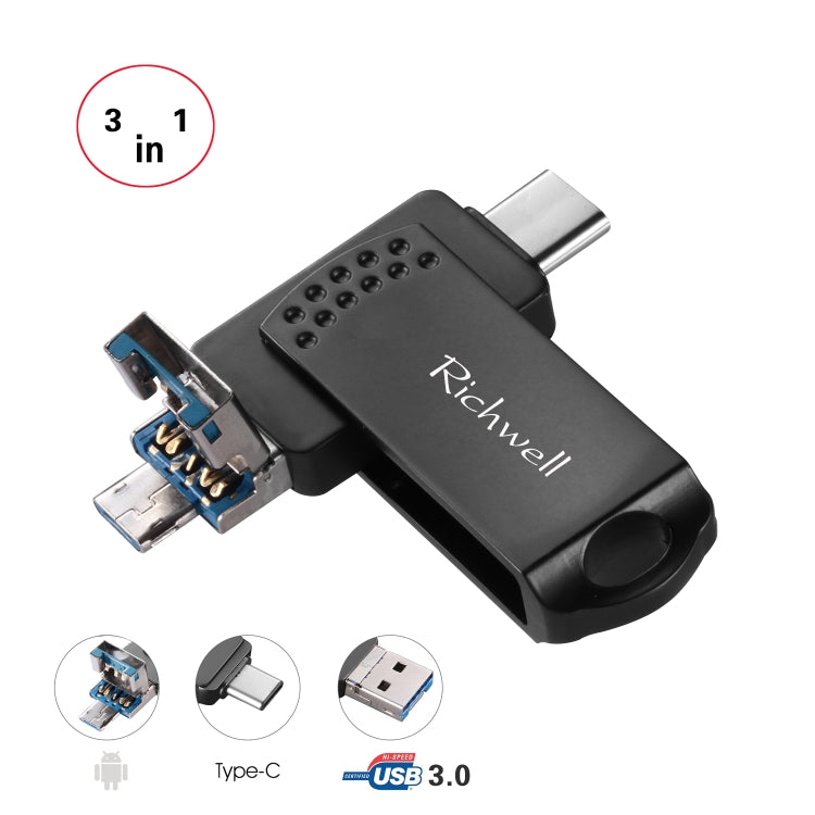 Richwell 3 in 1 32G Type-C + Micro USB + USB 3.0 Metal Flash Disk with OTG Function(Black) - U Disk & Card Reader by Richwell | Online Shopping South Africa | PMC Jewellery | Buy Now Pay Later Mobicred