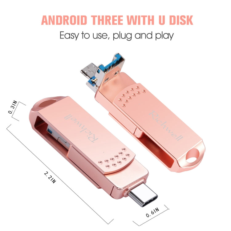 Richwell 3 in 1 128G Type-C + Micro USB + USB 3.0 Metal Flash Disk with OTG Function(Rose Gold) - free shipping - PMC Jewellery - Order now!