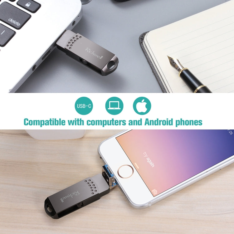 Richwell 16G Type-C + 8 Pin + USB 3.0 Metal Push-pull Flash Disk with OTG Function(Rose Gold) - U Disk & Card Reader by Richwell | Online Shopping South Africa | PMC Jewellery | Buy Now Pay Later Mobicred