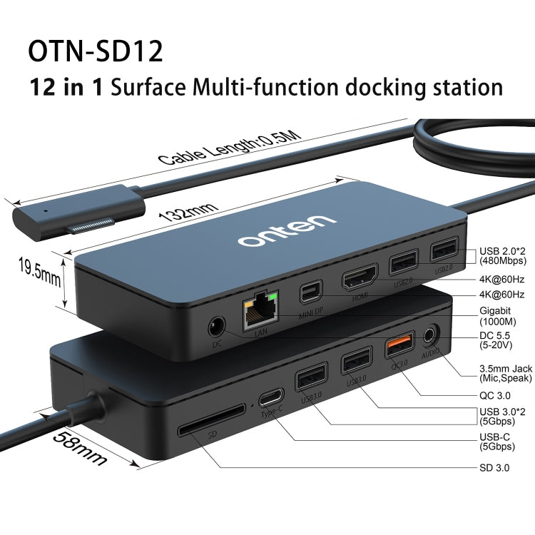 Onten SD12 For Microsoft Surface 12 in 1 Multi-function Docking Station - USB HUB by Onten | Online Shopping South Africa | PMC Jewellery | Buy Now Pay Later Mobicred