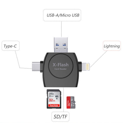 X-Flash R01 3 in 1 8 Pin + USB-C / Type-C + Micro USB Interface SD / TF Card Reader(Black) - Converter & Adapter by PMC Jewellery | Online Shopping South Africa | PMC Jewellery | Buy Now Pay Later Mobicred