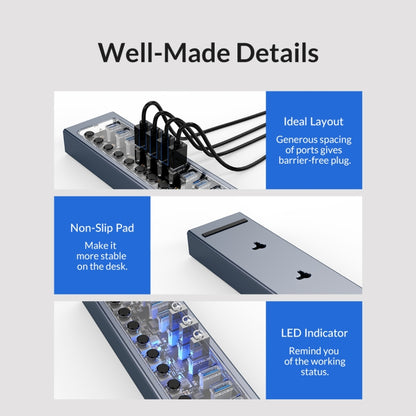 ORICO AT2U3-10AB-GY-BP 10 Ports USB 3.0 HUB with Individual Switches & Blue LED Indicator, UK Plug - USB 3.0 HUB by ORICO | Online Shopping South Africa | PMC Jewellery | Buy Now Pay Later Mobicred