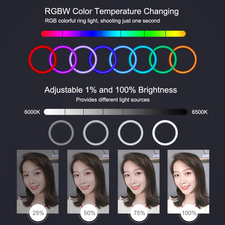 PULUZ 7.9 inch 20cm USB RGB Light+ 1.1m Tripod Mount Dimmable LED Dual Color Temperature LED Curved Light Ring Vlogging Selfie Photography Video Lights with Phone Clamp(Black) - Ring Light by PULUZ | Online Shopping South Africa | PMC Jewellery | Buy Now Pay Later Mobicred