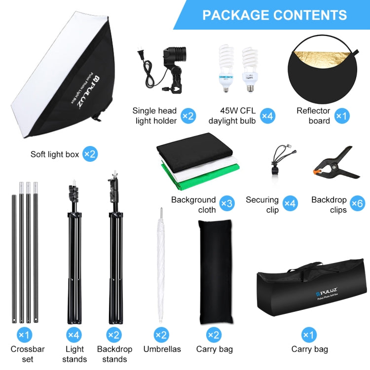 PULUZ LED Light Studio Softbox Photography Kit with Background & Reflective & Tripod Mount & Sandbags (US Plug) - free shipping - PMC TechLife - Order now!