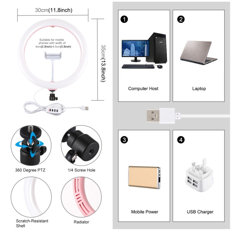 PULUZ 11.8 inch 30cm USB 3 Modes Dimmable Dual Color Temperature LED Curved Diffuse Light Ring Vlogging Selfie Photography Video Lights with Phone Clamp(Pink) - Ring Light by PULUZ | Online Shopping South Africa | PMC Jewellery | Buy Now Pay Later Mobicred
