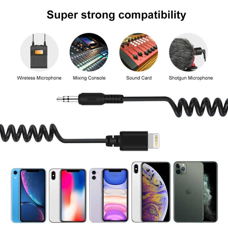 PULUZ 3.5mm TRRS Male to 8 Pin Male Live Microphone Audio Adapter Spring Coiled Cable for iPhone, Cable Stretching to 100cm(Black) - Microphone Audio Cable & Connector by PULUZ | Online Shopping South Africa | PMC Jewellery | Buy Now Pay Later Mobicred