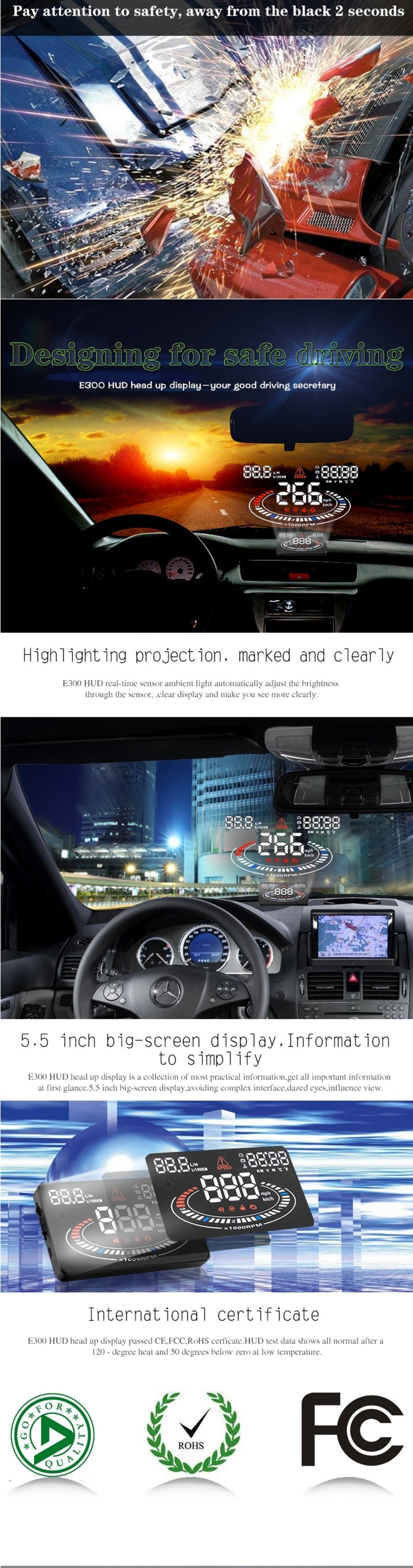E300 5.5 inch Car OBDII / EUOBD HUD Vehicle-mounted Head Up Display Security System, Support Speed & Fuel Consumption, Overspeed Alarm,  Fuel Consumption, Water Temperature, etc.(Black) - Head Up Display System by PMC Jewellery | Online Shopping South Africa | PMC Jewellery | Buy Now Pay Later Mobicred