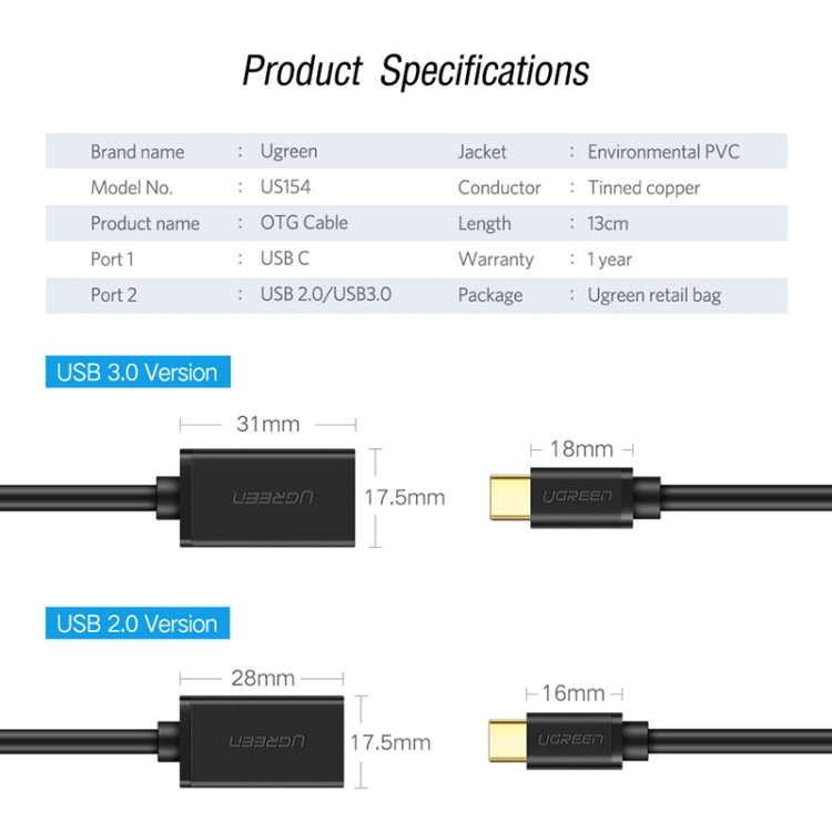 UGREEN 13cm USB 3.0 Female to USB-C / Type-C Male OTG Converter Adapter Cable (Black) - OTG Adapter by UGREEN | Online Shopping South Africa | PMC Jewellery | Buy Now Pay Later Mobicred