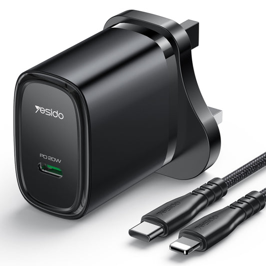 Yesido YC76BL PD 20W USB-C / Type-C Port Quick Charger with Type-C to 8 Pin Cable, UK Plug (Black) - USB Charger by Yesido | Online Shopping South Africa | PMC Jewellery | Buy Now Pay Later Mobicred