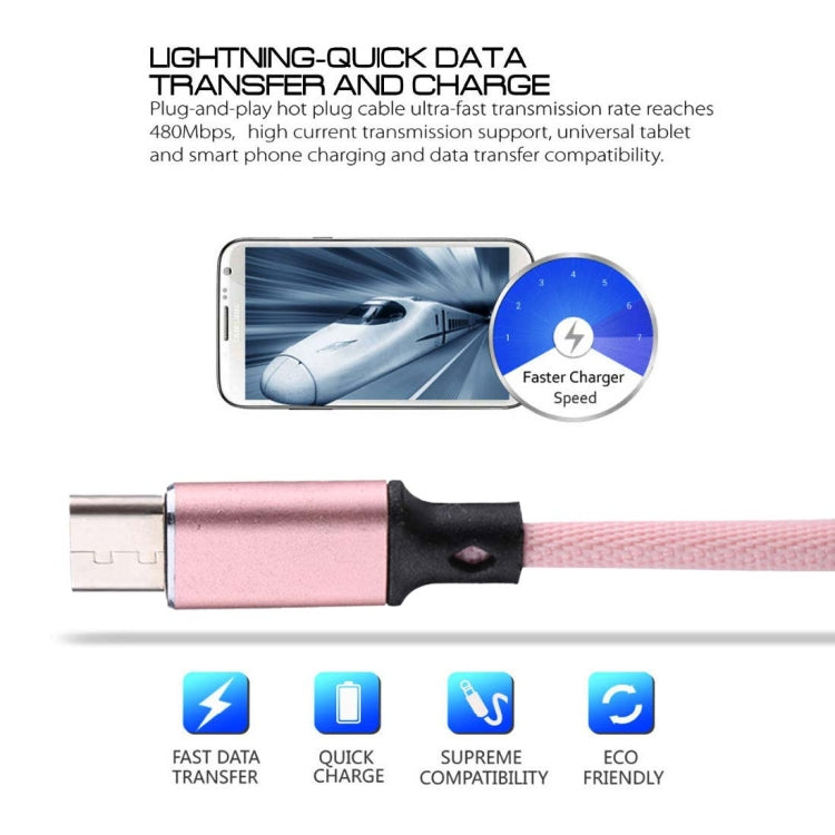 1m 2A Output USB to USB-C / Type-C Nylon Weave Style Data Sync Charging Cable(Pink) - USB-C & Type-C Cable by PMC TechLife | Online Shopping South Africa | PMC TechLife | Buy Now Pay Later Mobicred