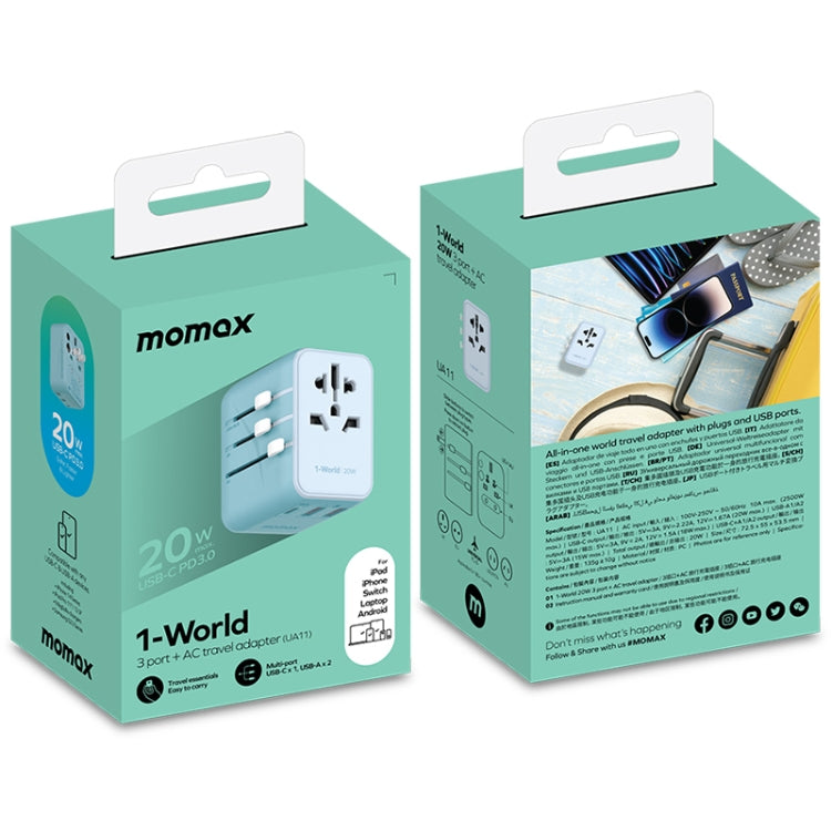 MOMAX UA11 1-World 20W PD Global Travel Fast Charger Power Adapter(Blue) - Plug Adaptor by MOMAX | Online Shopping South Africa | PMC Jewellery | Buy Now Pay Later Mobicred