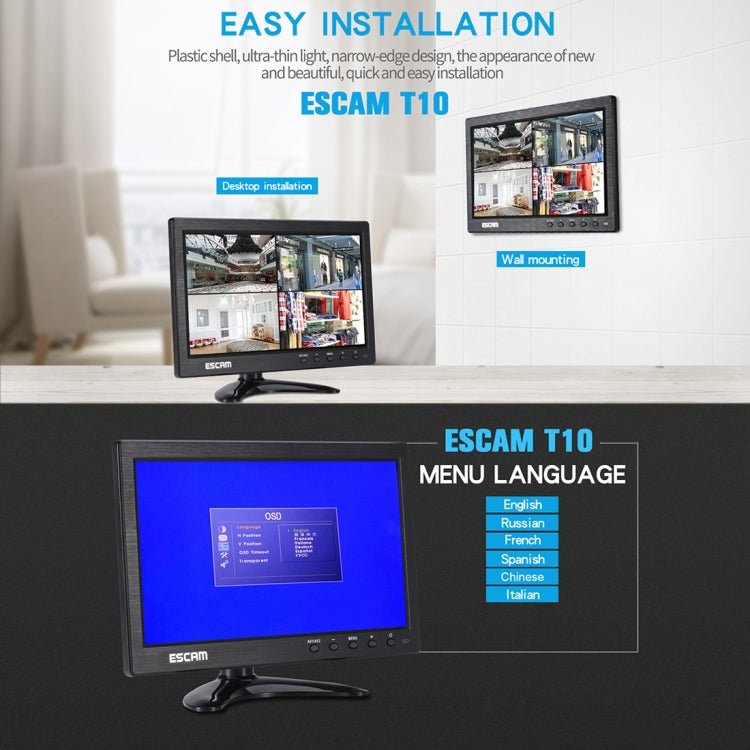 ESCAM T10 10.0 inch TFT LCD 1024x600 Monitor with VGA & HDMI & AV & BNC & USB for PC CCTV Security - DVD & LCD Player by ESCAM | Online Shopping South Africa | PMC Jewellery | Buy Now Pay Later Mobicred