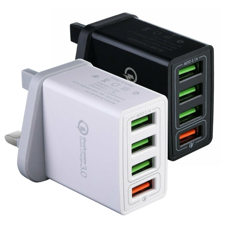 2 in 1 1m USB to 8 Pin Data Cable + 30W QC 3.0 4 USB Interfaces Mobile Phone Tablet PC Universal Quick Charger Travel Charger Set, UK Plug(White) - USB Charger by PMC Jewellery | Online Shopping South Africa | PMC Jewellery | Buy Now Pay Later Mobicred