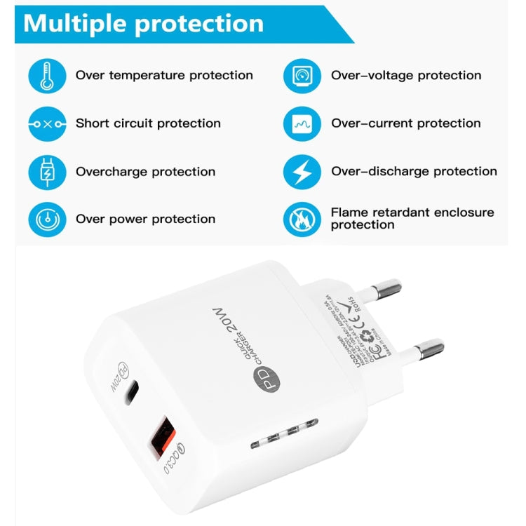 TE-PD01 PD 20W + QC3.0 USB Dual Ports Quick Charger with Indicator Light, EU Plug(White) - USB Charger by PMC Jewellery | Online Shopping South Africa | PMC Jewellery | Buy Now Pay Later Mobicred