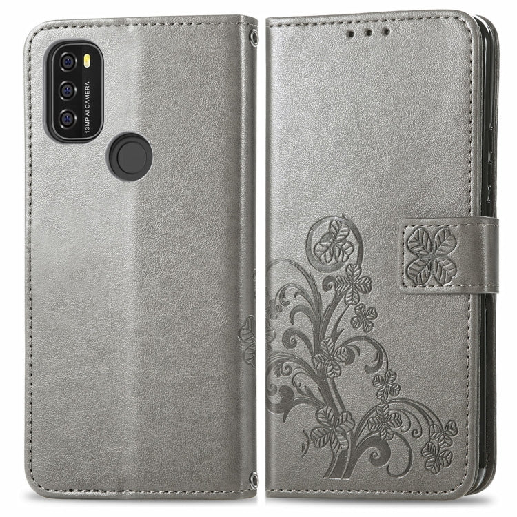 For Blackview A70 Four-leaf Clasp Embossed Buckle Mobile Phone Protection Leather Case with Lanyard & Card Slot & Wallet & Bracket Function(Gray) - More Brand by PMC Jewellery | Online Shopping South Africa | PMC Jewellery