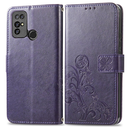 For  Doogee X96 Pro Four-leaf Clasp Embossed Buckle Mobile Phone Protection Leather Case with Lanyard & Card Slot & Wallet & Bracket Function(Purple) - More Brand by PMC Jewellery | Online Shopping South Africa | PMC Jewellery | Buy Now Pay Later Mobicred