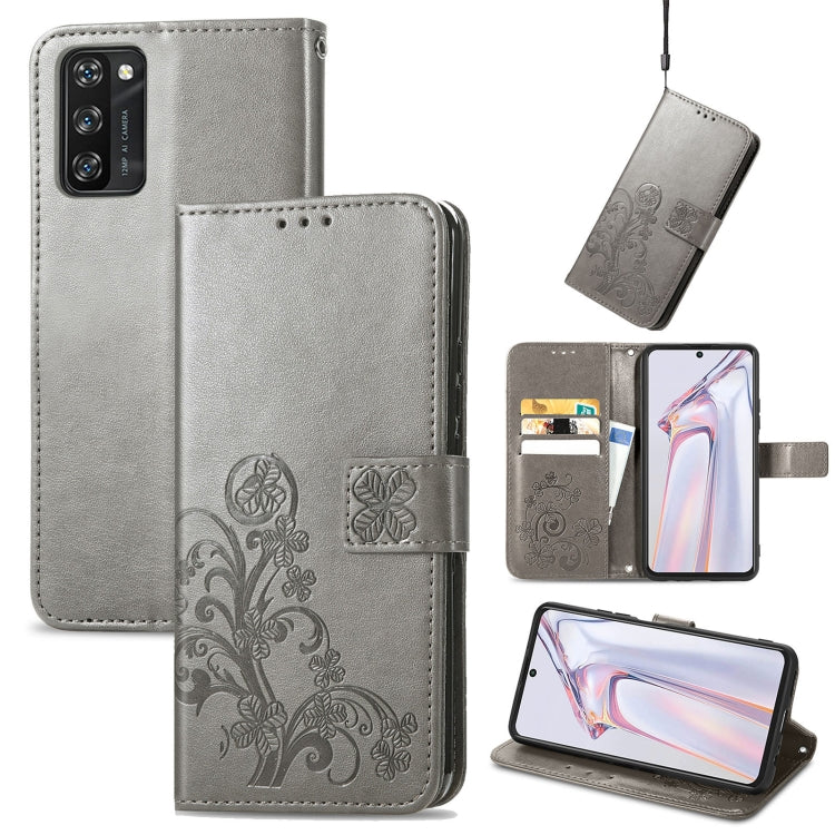 For Blackview A100 Four-leaf Clasp Embossed Buckle Mobile Phone Protection Leather Case with Lanyard & Card Slot & Wallet & Bracket Function(Grey) - More Brand by PMC Jewellery | Online Shopping South Africa | PMC Jewellery | Buy Now Pay Later Mobicred