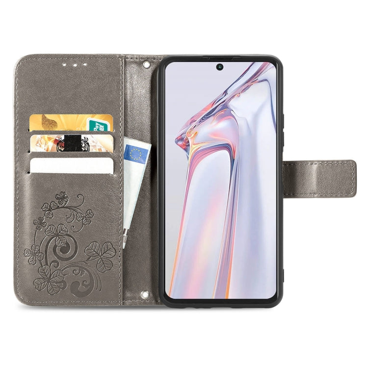 For Blackview A100 Four-leaf Clasp Embossed Buckle Mobile Phone Protection Leather Case with Lanyard & Card Slot & Wallet & Bracket Function(Grey) - More Brand by PMC Jewellery | Online Shopping South Africa | PMC Jewellery | Buy Now Pay Later Mobicred