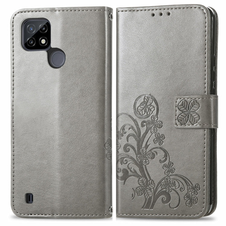 For OPPO Realme C21Y Four-leaf Clasp Embossed Leather Case with Lanyard & Card Slot & Wallet & Holder(Grey) - Realme Cases by PMC Jewellery | Online Shopping South Africa | PMC Jewellery | Buy Now Pay Later Mobicred