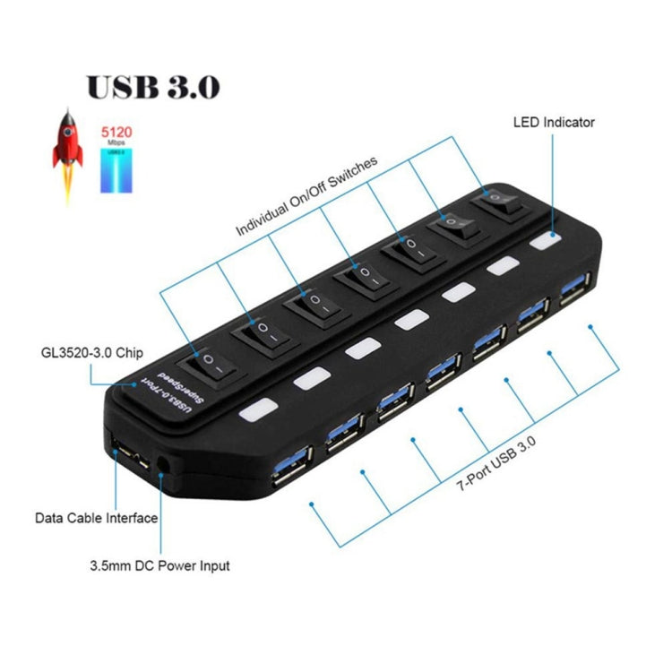 7 Ports USB 3.0 HUB Independent Switching Splitter - USB 3.0 HUB by PMC Jewellery | Online Shopping South Africa | PMC Jewellery | Buy Now Pay Later Mobicred