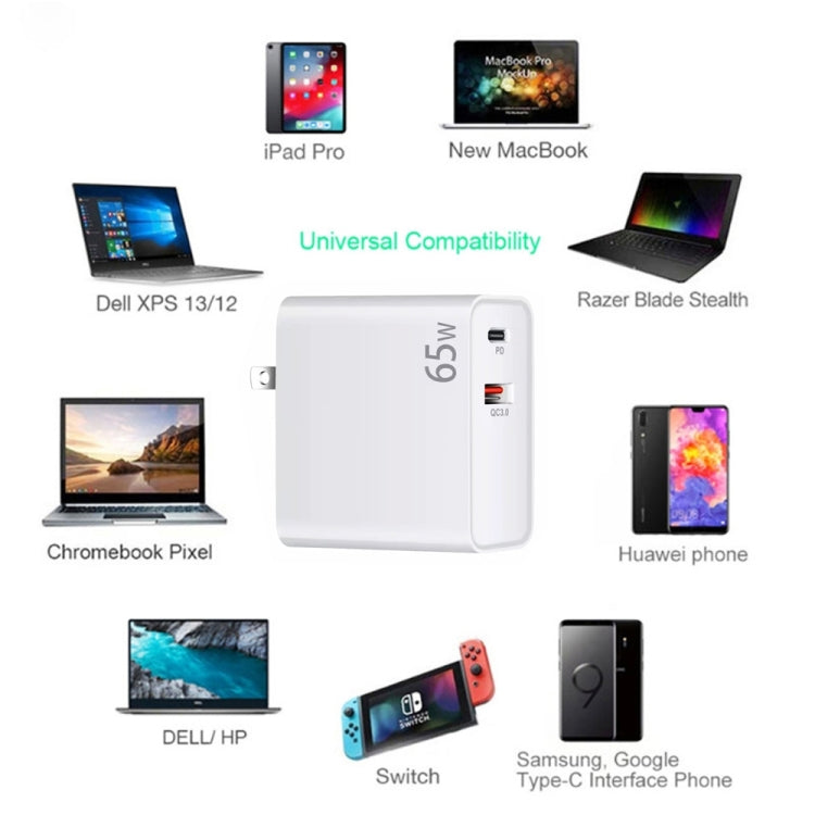 PD-65W USB-C / Type-C + QC3. 0 USB Laptop Charging Adapter + 2m USB-C / Type-C to USB-C / Type-C Data Cable Set, AU Plug / US Plug(White) - Cable & Adapter by PMC Jewellery | Online Shopping South Africa | PMC Jewellery | Buy Now Pay Later Mobicred