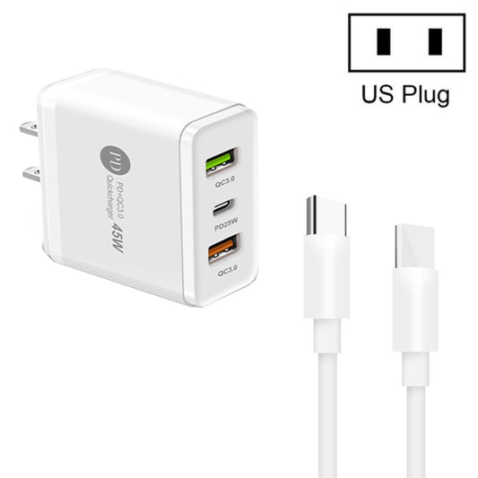 45W PD3.0 + 2 x QC3.0 USB Multi Port Charger with Type-C to Type-C Cable, US Plug(White) - USB Charger by PMC Jewellery | Online Shopping South Africa | PMC Jewellery | Buy Now Pay Later Mobicred