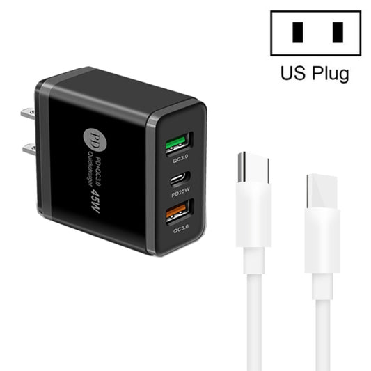 45W PD3.0 + 2 x QC3.0 USB Multi Port Charger with Type-C to Type-C Cable, US Plug(Black) - USB Charger by PMC Jewellery | Online Shopping South Africa | PMC Jewellery | Buy Now Pay Later Mobicred