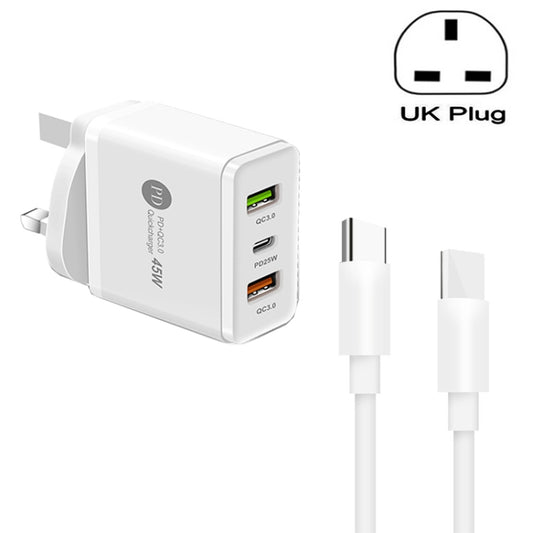 45W PD3.0 + 2 x QC3.0 USB Multi Port Charger with Type-C to Type-C Cable, UK Plug(White) - USB Charger by PMC Jewellery | Online Shopping South Africa | PMC Jewellery | Buy Now Pay Later Mobicred