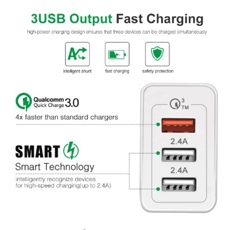 30W QC 3.0 USB + 2 x USB 2.0 Ports Mobile Phone Tablet Quick Charger, AU Plug - free shipping - PMC Jewellery - Order now!