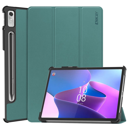 For Lenovo Tab P11 Pro Gen2 11.2 inch 2022 ENKAY Tri-fold Custer Texture Leather Stand Smart Case(Dark Green) - Lenovo by ENKAY | Online Shopping South Africa | PMC Jewellery | Buy Now Pay Later Mobicred