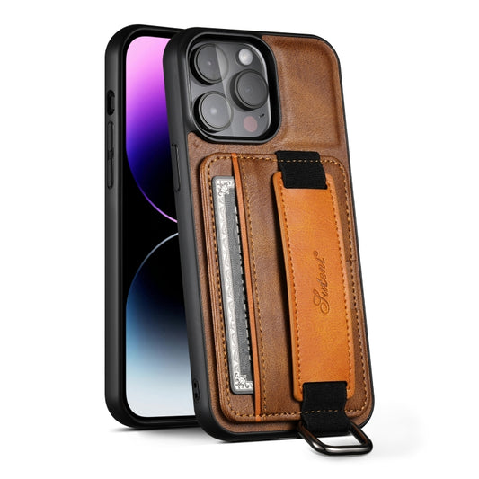 For iPhone 14 Pro Max Suteni H13 Card Wallet Wrist Strap Holder PU Phone Case(Brown) - iPhone 14 Pro Max Cases by Suteni | Online Shopping South Africa | PMC Jewellery