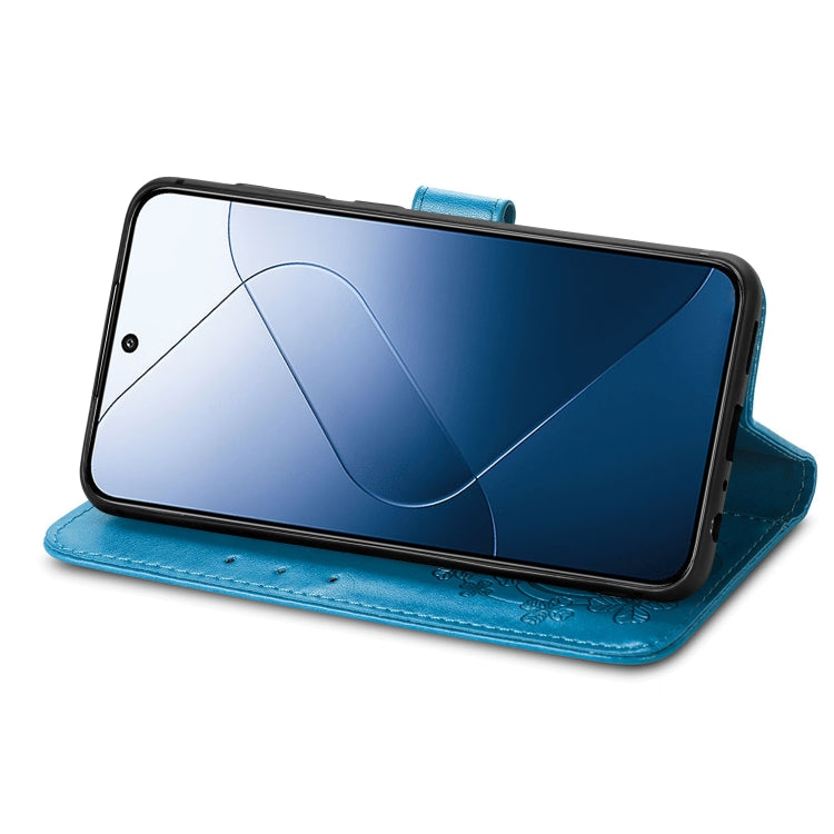 For Xiaomi 14 Four-leaf Clasp Embossed Leather Phone Case(Blue) - 14 Cases by PMC TechLife | Online Shopping South Africa | PMC TechLife | Buy Now Pay Later Mobicred