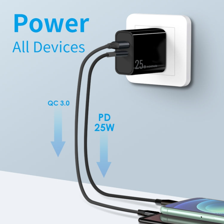 NORTHJO NOPD2502 PD 25W USB-C/Type-C + QC 3.0 USB Dual Ports Fast Charger, Plug Type:US Plug(Black) - USB Charger by NORTHJO | Online Shopping South Africa | PMC Jewellery | Buy Now Pay Later Mobicred