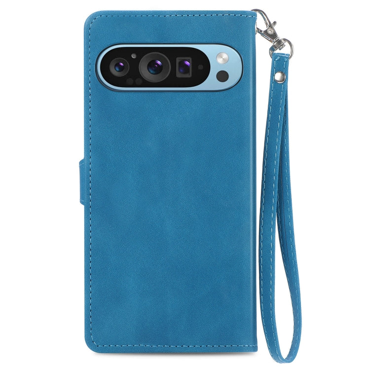 For Google Pixel 9 Pro Embossed Flower Zipper Leather Phone Case(Blue) - Google Cases by PMC Jewellery | Online Shopping South Africa | PMC Jewellery | Buy Now Pay Later Mobicred