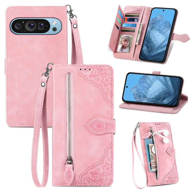 For Google Pixel 9 Pro Embossed Flower Zipper Leather Phone Case(Pink) - Google Cases by PMC Jewellery | Online Shopping South Africa | PMC Jewellery | Buy Now Pay Later Mobicred