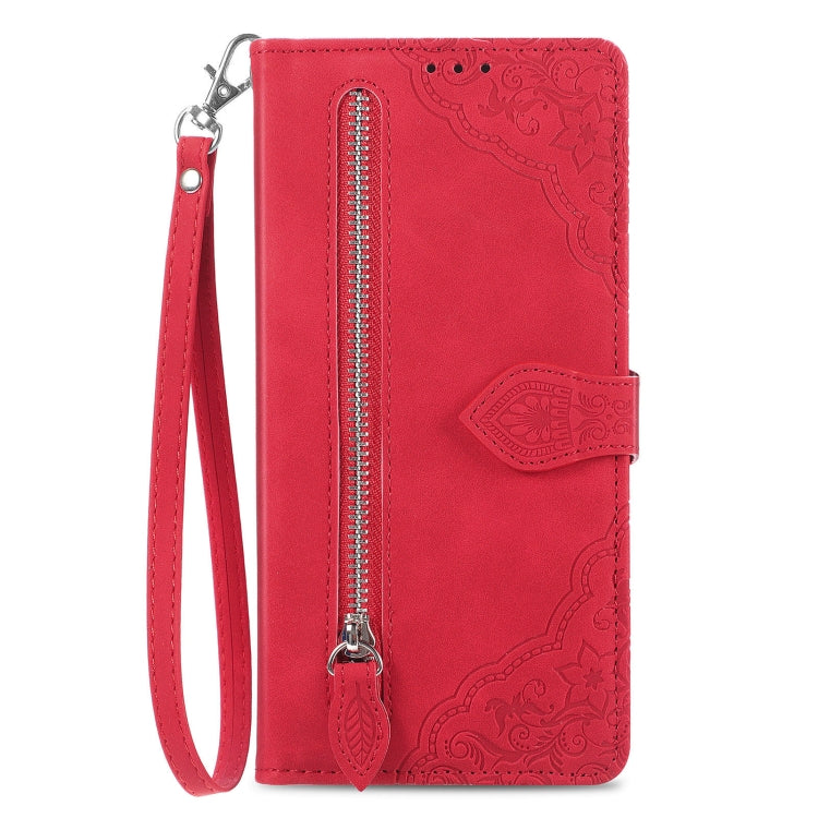 For Google Pixel 9 Pro Embossed Flower Zipper Leather Phone Case(Red) - Google Cases by PMC TechLife | Online Shopping South Africa | PMC TechLife | Buy Now Pay Later Mobicred