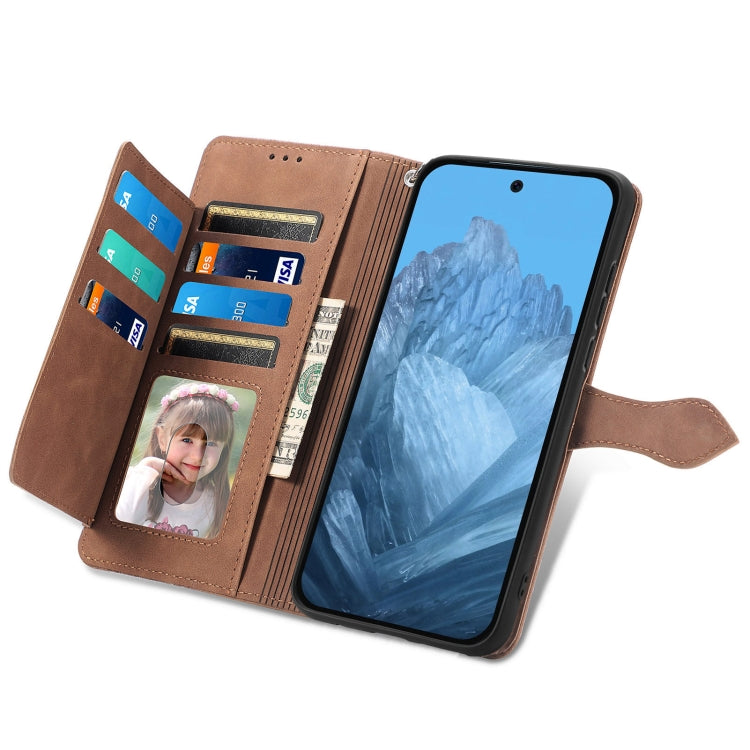 For Google Pixel 9 Embossed Flower Zipper Leather Phone Case(Brown) - Google Cases by PMC TechLife | Online Shopping South Africa | PMC TechLife | Buy Now Pay Later Mobicred