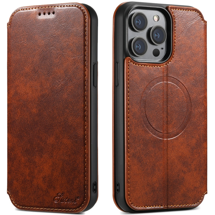 For iPhone 14 Plus Suteni J05 Leather Magnetic Magsafe Phone Case(Khaki) - free shipping - PMC Jewellery - Order now!