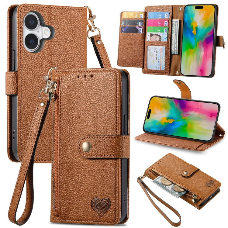 For iPhone 16 Love Zipper Lanyard Leather Phone Case(Brown) - iPhone 16 Cases by PMC Jewellery | Online Shopping South Africa | PMC Jewellery | Buy Now Pay Later Mobicred